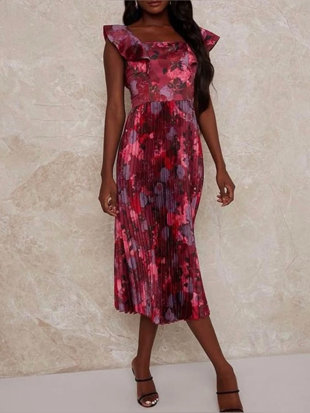 Chi Chi London Red Floral Pleated Midi Dress